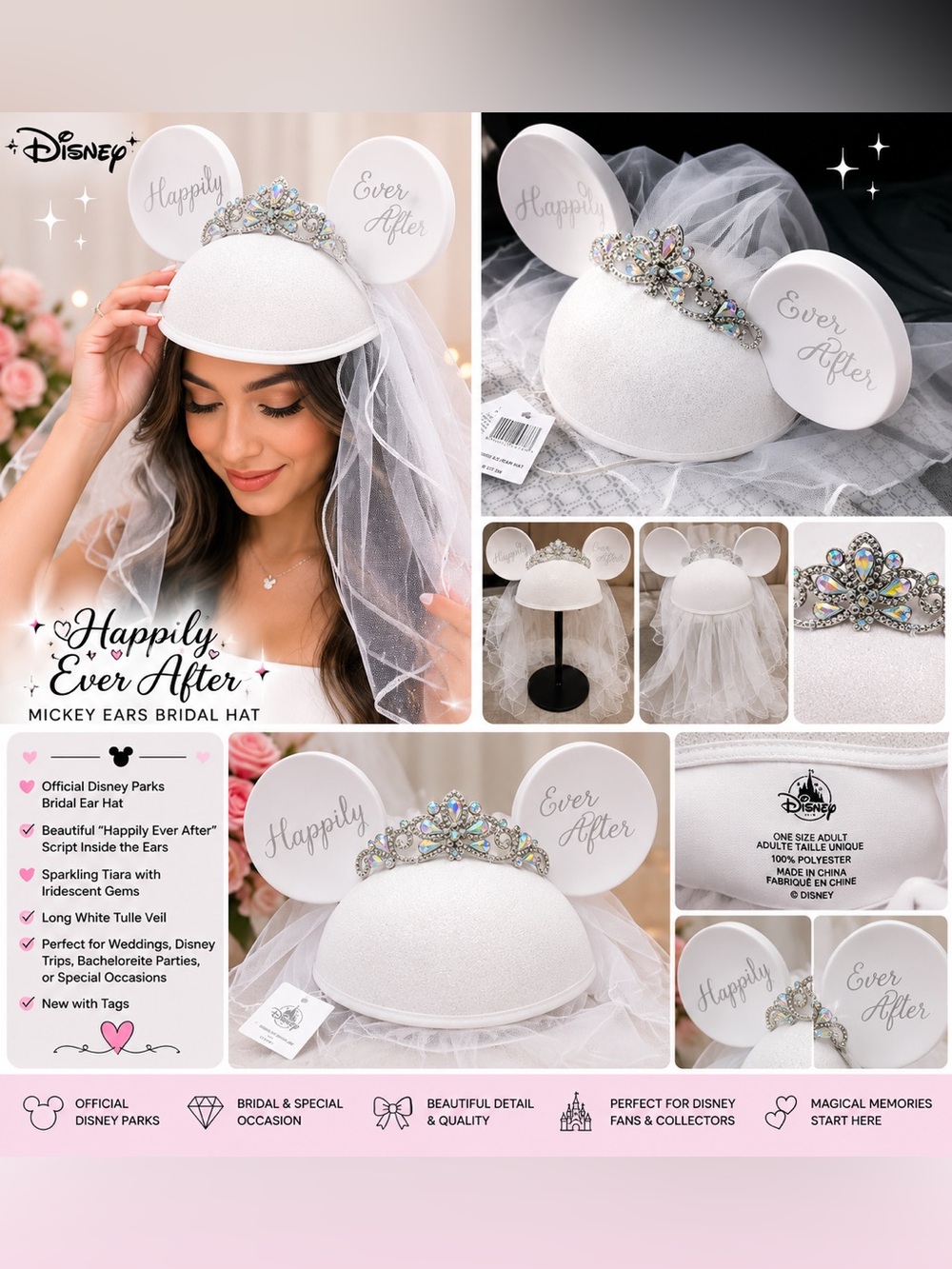 Disney White Bridal Mickey Ear Headband with Veil and Silver Tiara